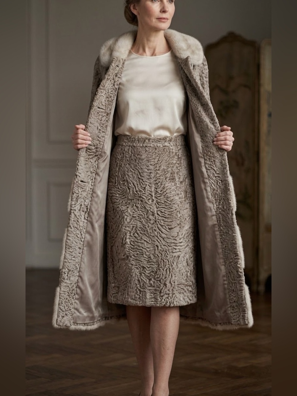 RARE! Vintage Real Mink Fur 2-Pc Persian Lamb Coat Matching Skirt Meisel-Pesky - Picture 2 of 8